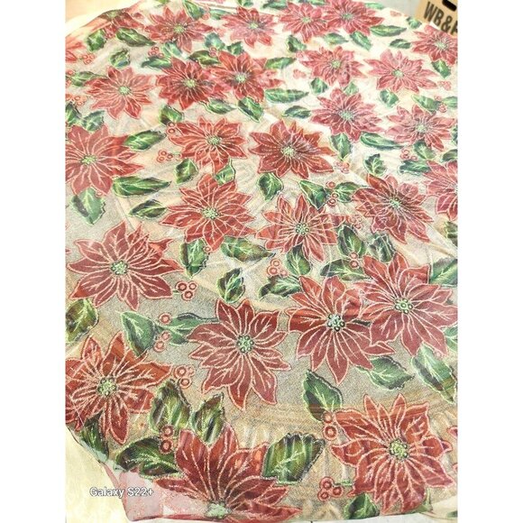 Christmas Poinsettia Table Topper 33 Inch Square Red Gold Organza with Tassels S - Picture 3 of 9